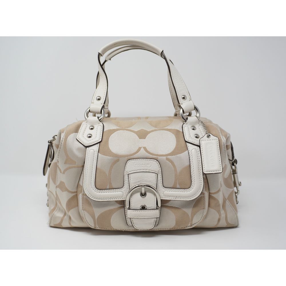 Coach Campbell Satchel Tan Signature and Ivory Leather Silver Tone